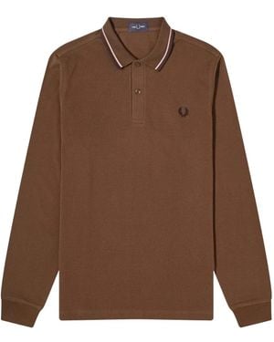 Fred Perry Twin Tipped Collar Burnt Tobacco Long Sleeve Polo Shirt - Brown