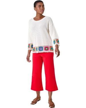 Roman Floral Crochet Hem Cotton Jumper - Red