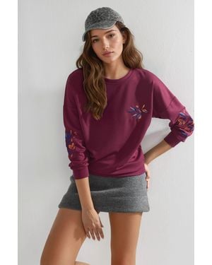 Hiccup Modal Touch Crew Neck Embroidered Sweatshirt - Purple