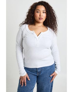 Boohoo Plus Ribbed Contrast Henley Button Long Sleeve Top - White