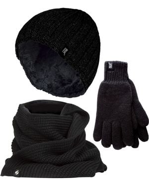 Heat Holders Knitted Beanie Hat Scarf Gloves Set - Black