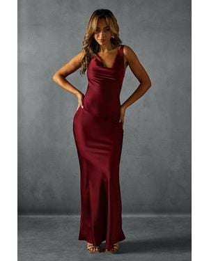 MissPap Premium Satin Cowl Neck Fishtail Maxi Dress - Brown