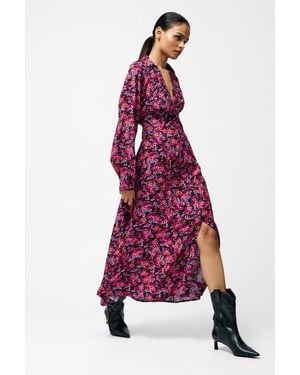 French Connection Long Sleeve Floral V-Neck Collar Midi Dress - Red