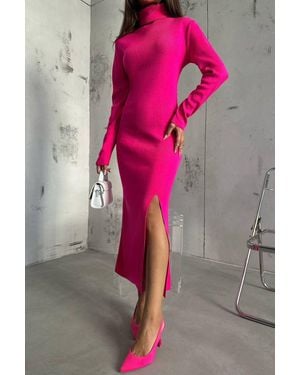 Hiccup High Neck Slit Long Sleeve Maxi Dress - Pink
