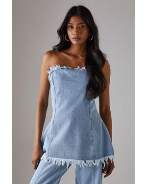Warehouse Fray Detail Denim Bandeau Top - Blue