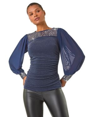 Roman Sequin Yoke Mesh Sleeve Top - Blue