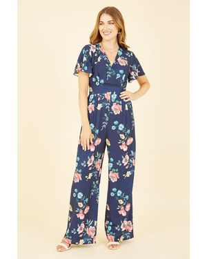 Yumi' Floral Angel Sleeve Jumpsuit - Blue