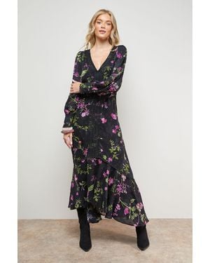Oasis Printed Lace Trim Detail High Low Hem Midi Dress - Black