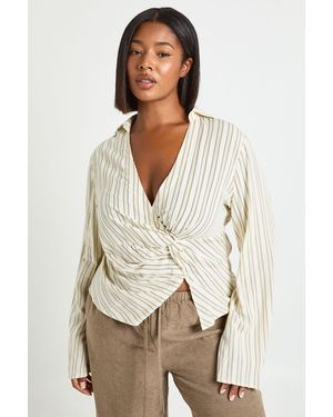 Boohoo Plus Stripe Twist Front Cinched Shirt - Natural