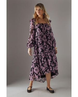 Warehouse Shadow Stripe Ruffle Square Neck Smock Midi Dress - Brown