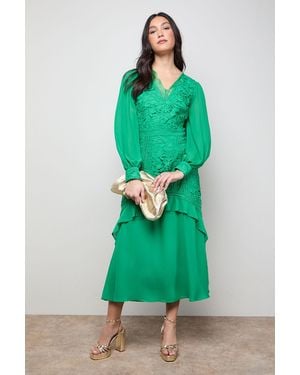 Oasis Lace Puff Sleeve V Neck Midaxi Dress - Green