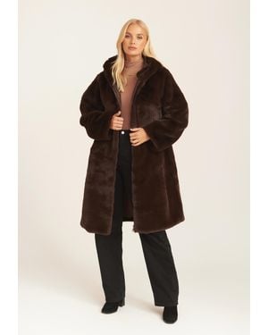 Gini London Faux Fur Hooded Longline Coat - Black