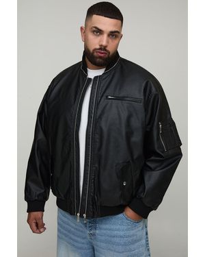 BoohooMAN Plus Leather Look Double Zip Oversized Ma1 Bomber Jacket - Black