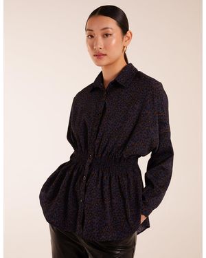 Blue Vanilla Leopard Print Shirred Waist Shirt - Black