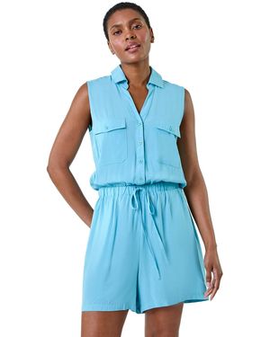 Roman Button Through Utility Playsuit - Blue