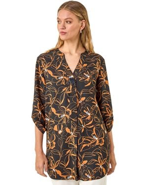 Roman Floral Longline Buttoned Top - Black