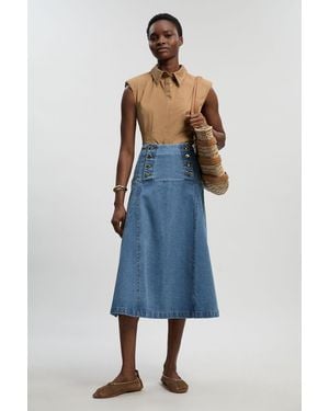 Karen Millen Denim Button Front Skirt - Blue
