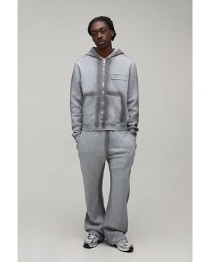 BoohooMAN Boxy Spray Seam Distressed Applique Zip Through Hooded Tracksuit - Grey