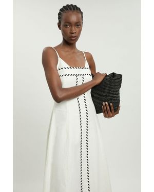 Karen Millen Petite Tailored Linen Blend Contrast Stitch Midi Dress - White