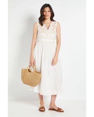 Wallis Summer Linen Mix Embroidered Midi Dress - White
