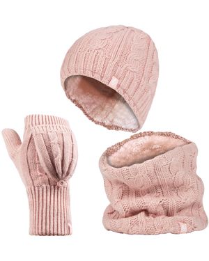 Heat Holders Thermal Winter Fleece Hat, Neck Warmer And Converter Gloves Set - Pink