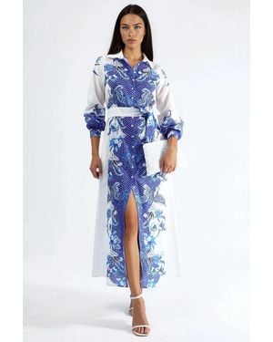 Msn-Collection Floral Belted Midi Dress - Blue