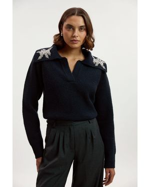 Karen Millen Embellished Cosy V Neck Collar Knit Jumper - Blue