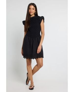 Boohoo Shirred Body Mini Dress With Broderie Hem - Black