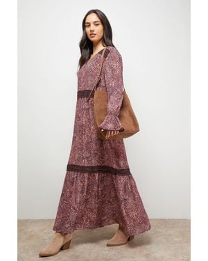 Oasis Printed Lace Detail Chiffon V Neck Midaxi Dress - Multicolour