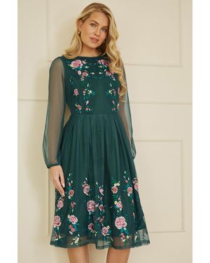 Yumi' Embroidered Long Mesh Sleeve Prom Skater Dress - Green