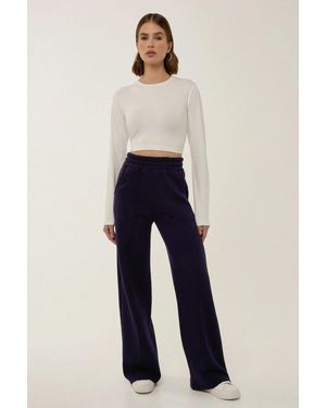 Hiccup Wide Leg Elastic Waist Pintuck Fleece Joggers - Blue