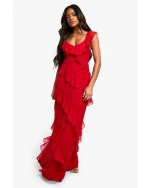 Boohoo Chiffon Ruffle Strappy Maxi Dress - Red