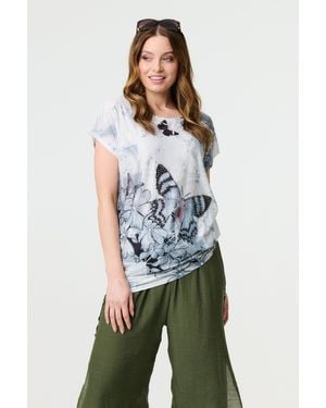 Izabel London Butterfly Print Short Sleeve Relaxed Tunic - Green