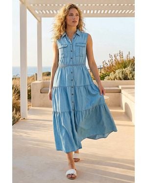 Roman Collared Tiered Midi Dress - Blue