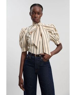 Karen Millen Mono Stripe Cotton Poplin Pussy Bow Puff Sleeve Woven Blouse - Blue