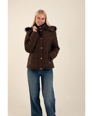 Harvey & Jones Quilted Jacket With Faux Fur Trim Hood - Blue