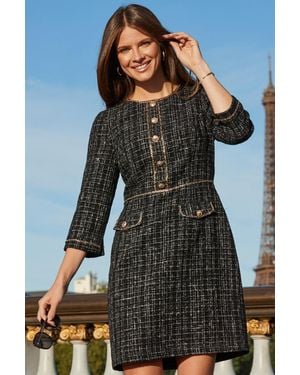 Sosandar Luxe Sparkle Boucle Button Detail Shift Dress - Black