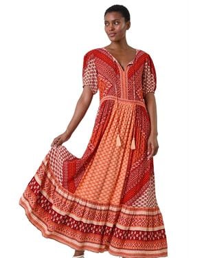 Roman Stripe Border Print Crinkle Maxi Dress - Red