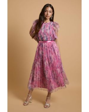 Oasis Petite Printed Pleated Mesh Midi Dress With Flutter Sleeve - Pink