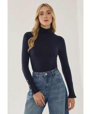 Hiccup Basic Turtleneck Button Detail Knitted Top - Blue