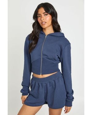 Boohoo Loopback Seam Detail Zip Through Hooded Short Tracksuit - Blue