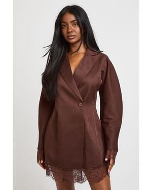 Boohoo Lace Hem Structured Blazer Dress - Brown