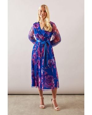 Wallis Petite Floral Mesh Satin Tie Midi Dress - Blue