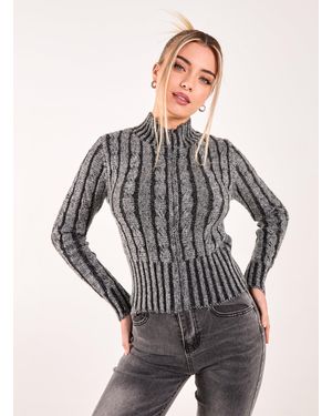 Pink Vanilla High Neck Zip Up Cable Knit - Grey