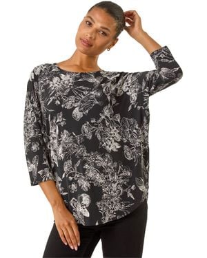 Roman Floral Puff Print Stretch Top - Black