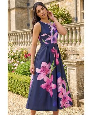 Roman Floral Premium Stretch Midi Dress - Purple
