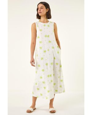 Roman Cotton Palm Print Pocket Midi Dress - Natural