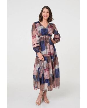 Izabel London Patchwork Print Empire V-Neck Maxi Dress - Blue
