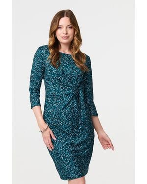 Izabel London Animal Print Knot 3/4 Sleeve Short Dress - Blue