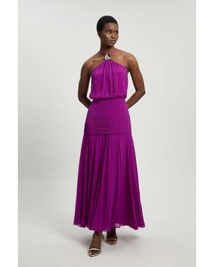 Karen Millen Viscose Georgette Drop Hem Woven Halter Neck Maxi Dress - Purple
